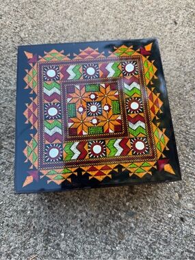 Hand-Painted Decorative Box in Black with Orange, Green & Red India design
